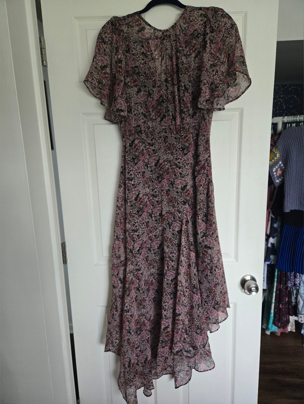 Astr Floral Asymmetrical Ruffle Dress in Pink and Black Large